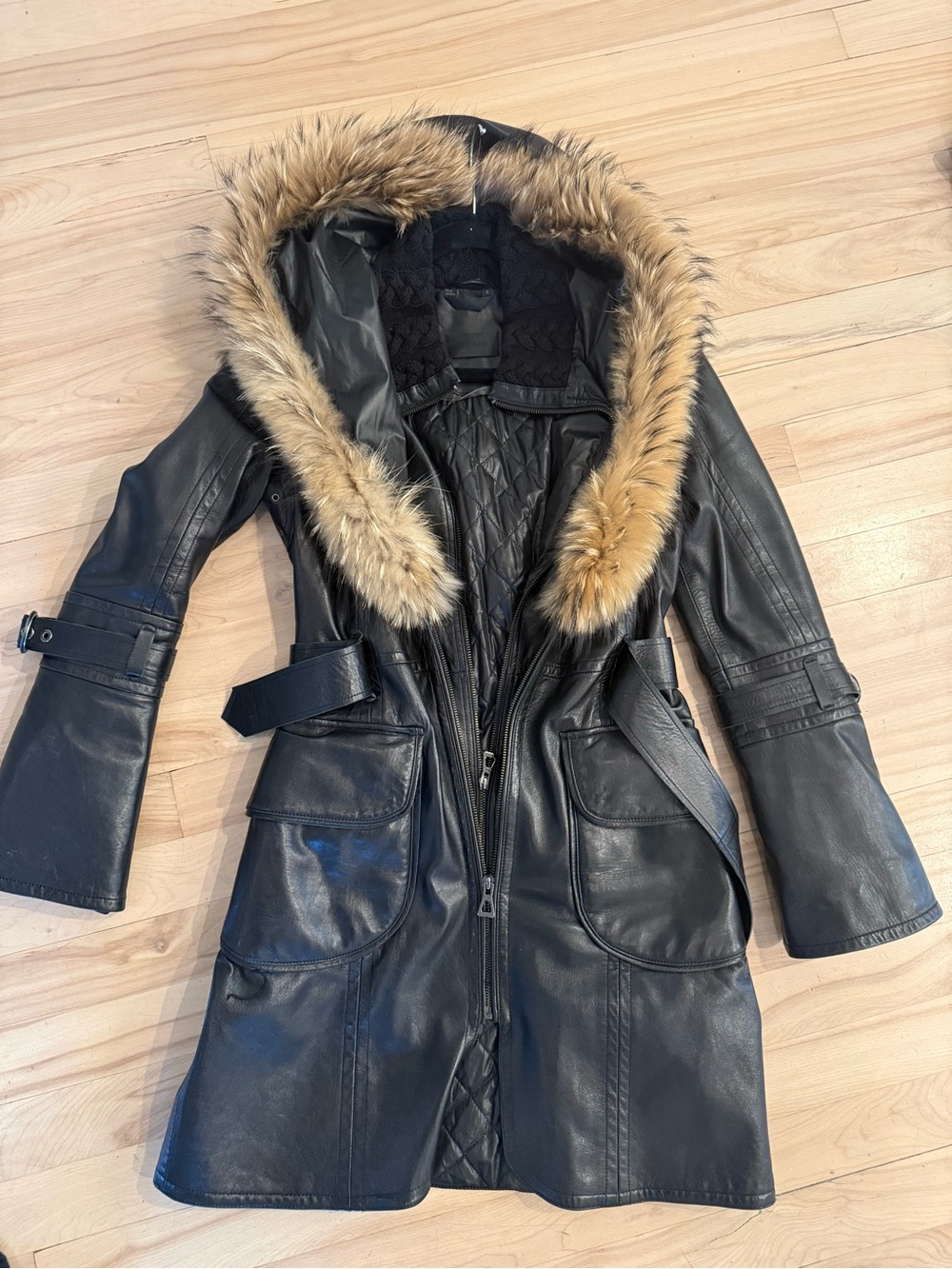 Black Leather Long Coat with Fur Trim